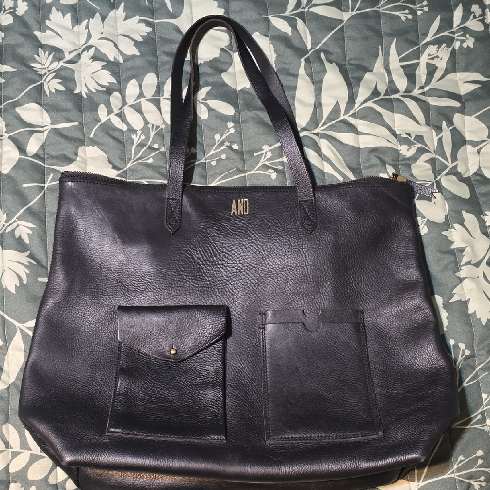 Black Leather Madewell Tote Bag with Pockets